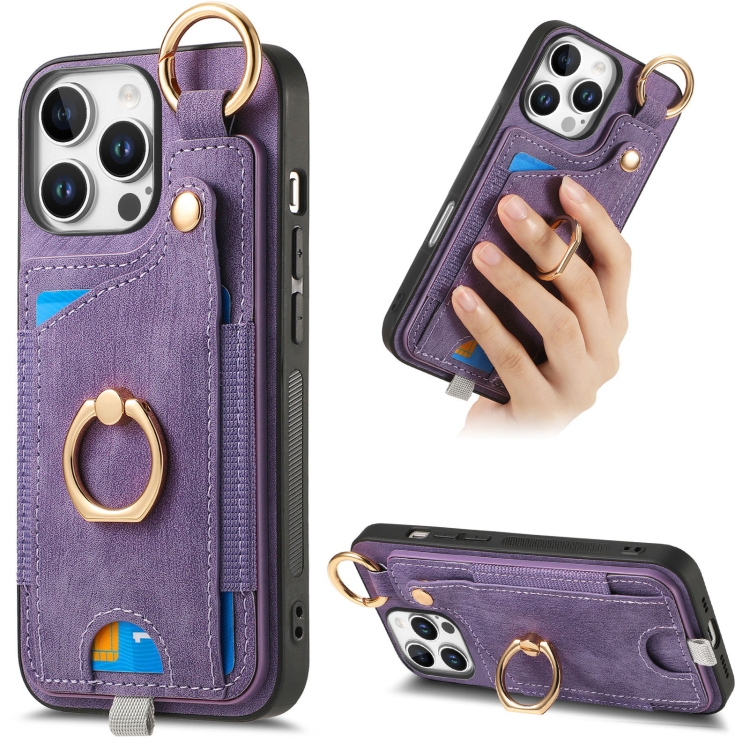 

For iPhone 16 Pro Retro Skin-feel Ring Card Bag Phone Case with Hang Loop(Purple)