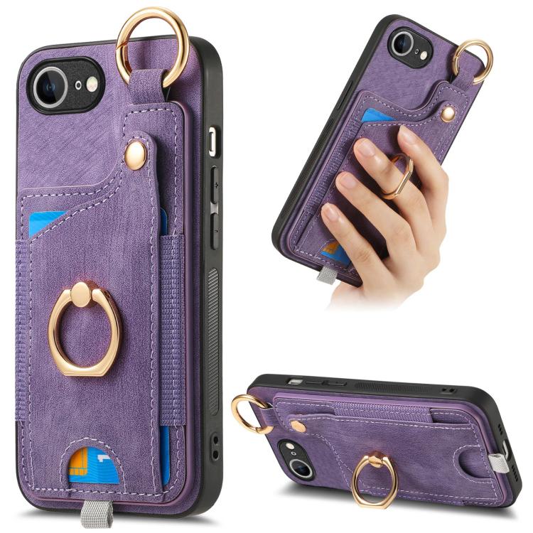 

For iPhone 16e Retro Skin-feel Ring Card Bag Phone Case with Hang Loop(Purple)