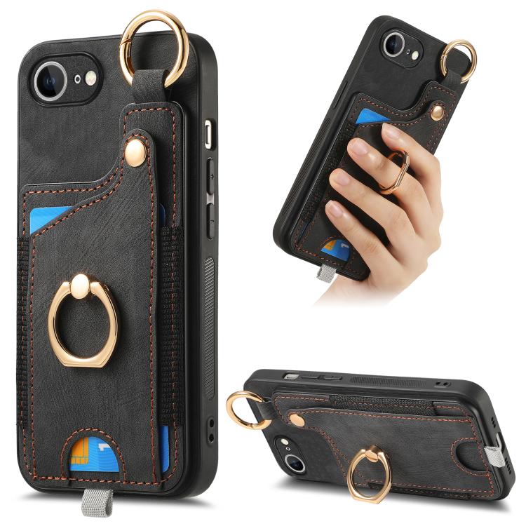 

For iPhone SE 2024 Retro Skin-feel Ring Card Bag Phone Case with Hang Loop(Black)