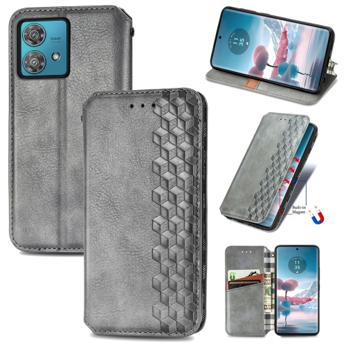 

For Motorola Edge 40 Neo Cubic Grid Pressed Magnetic Leather Phone Case(Grey)
