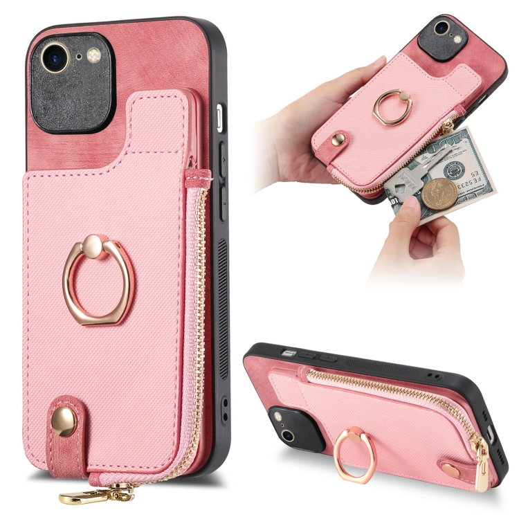 

For iPhone 7/8 / SE 2022 Cross Leather Ring Vertical Zipper Wallet Back Phone Case(Pink)