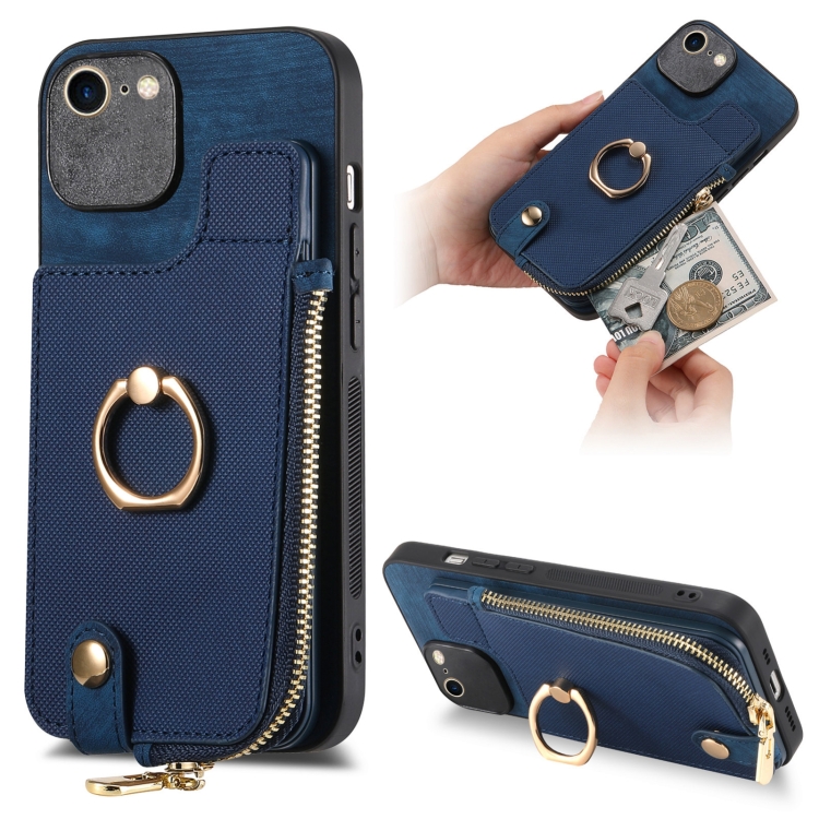 

For iPhone 7/8 / SE 2022 Cross Leather Ring Vertical Zipper Wallet Back Phone Case(Blue)