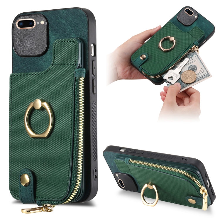 

For iPhone 7 Plus / 8 Plus Cross Leather Ring Vertical Zipper Wallet Back Phone Case(Green)