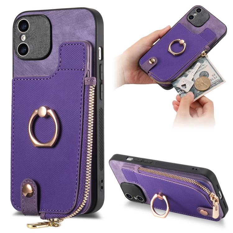 

For iPhone X / XS Cross Leather Ring Vertical Zipper Wallet Back Phone Case(Purple)