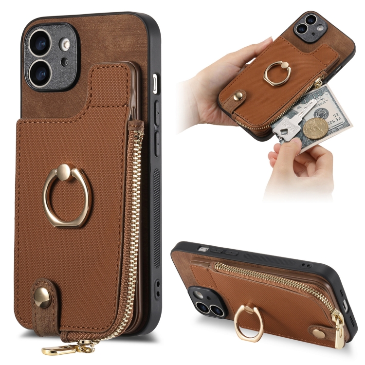 

For iPhone 11 Cross Leather Ring Vertical Zipper Wallet Back Phone Case(Brown)