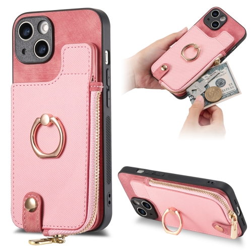 

For iPhone 13 Cross Leather Ring Vertical Zipper Wallet Back Phone Case(Pink)