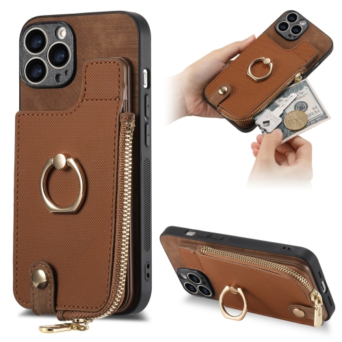 

For iPhone 13 Pro Max Cross Leather Ring Vertical Zipper Wallet Back Phone Case(Brown)