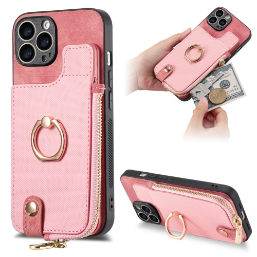 

For iPhone 13 Pro Max Cross Leather Ring Vertical Zipper Wallet Back Phone Case(Pink)