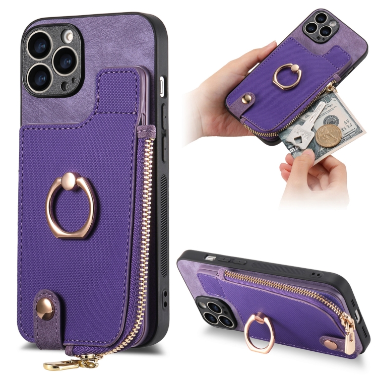 

For iPhone 13 Pro Max Cross Leather Ring Vertical Zipper Wallet Back Phone Case(Purple)