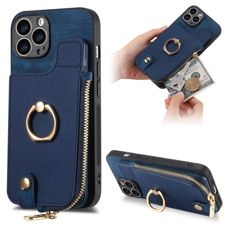 

For iPhone 13 Pro Max Cross Leather Ring Vertical Zipper Wallet Back Phone Case(Blue)