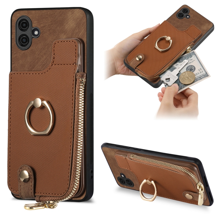 

For Samsung Galaxy A04 4G Cross Leather Ring Vertical Zipper Wallet Back Phone Case(Brown)