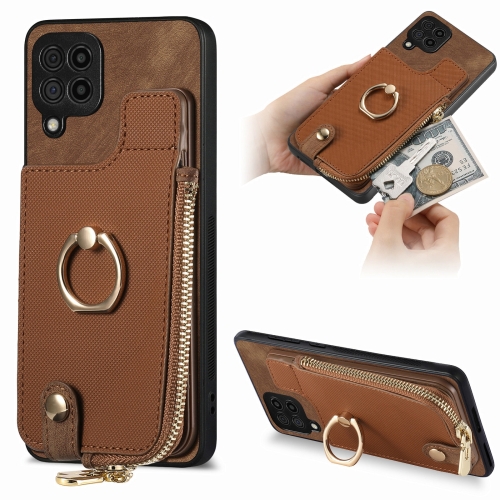 

For Samsung Galaxy M33 5G Cross Leather Ring Vertical Zipper Wallet Back Phone Case(Brown)