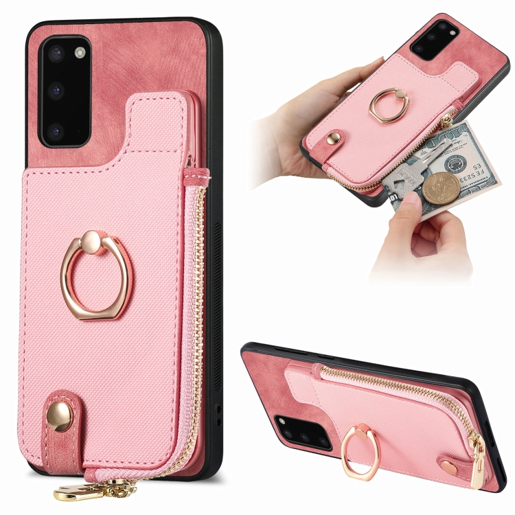 

For Samsung Galaxy A41 Cross Leather Ring Vertical Zipper Wallet Back Phone Case(Pink)