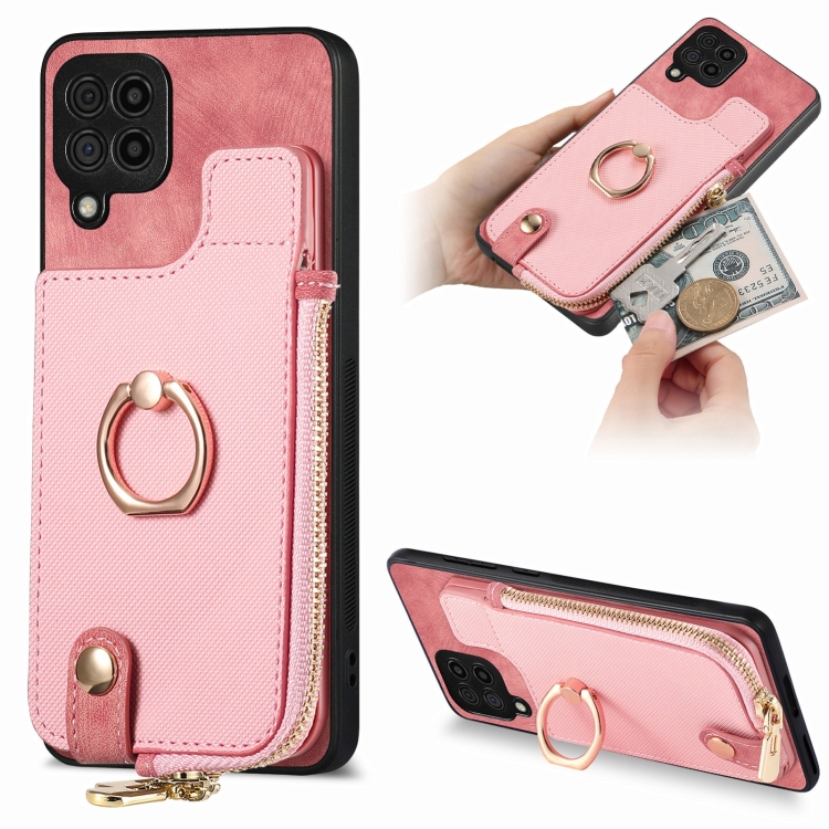 

For Samsung Galaxy M32 4G Cross Leather Ring Vertical Zipper Wallet Back Phone Case(Pink)
