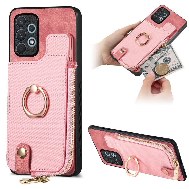 

For Samsung Galaxy A73 5G Cross Leather Ring Vertical Zipper Wallet Back Phone Case(Pink)