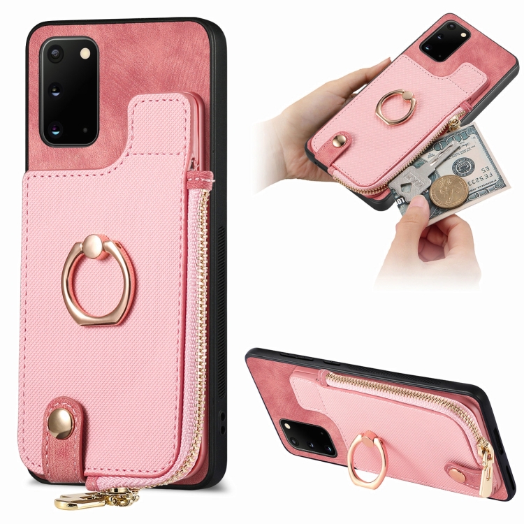 

For Samsung Galaxy Note20 Cross Leather Ring Vertical Zipper Wallet Back Phone Case(Pink)