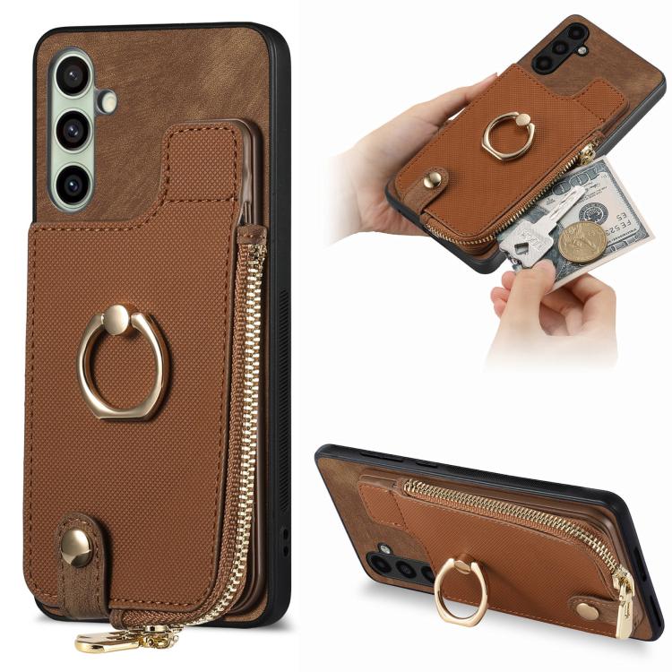 

For Samsung Galaxy A56 5G Cross Leather Ring Vertical Zipper Wallet Back Phone Case(Brown)
