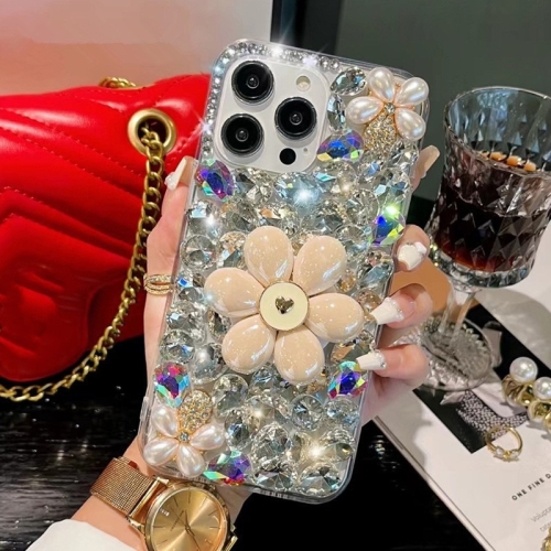 For iPhone 15 Pro Max Sunflower Holder Hand-set Diamond PC Phone Case(White) tandorio pilot diver mechanical watch men w10 steel brush case 36mm lady watch dome sapphire snake hand waffle band