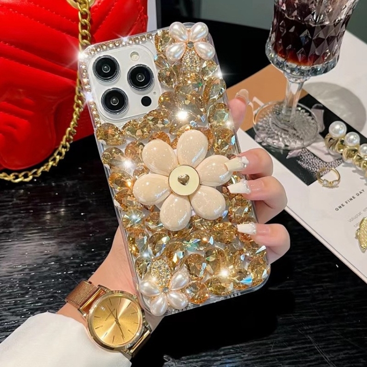 

For iPhone 15 Pro Max Sunflower Holder Hand-set Diamond PC Phone Case(Gold)