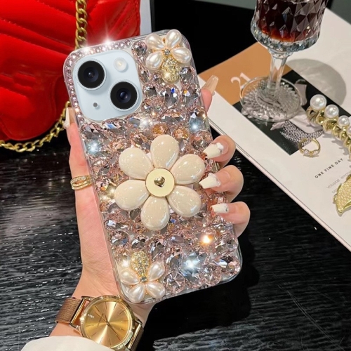 

For iPhone 15 Sunflower Holder Hand-set Diamond PC Phone Case(Pink)