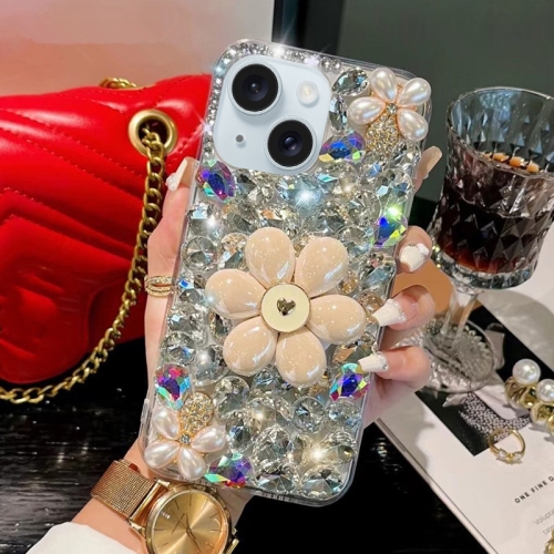 

For iPhone 14 Sunflower Holder Hand-set Diamond PC Phone Case(White)