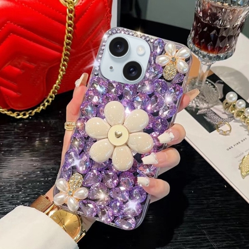 For iPhone 13 mini Sunflower Holder Hand-set Diamond PC Phone Case(Purple) top quality one hand operation pc material 360 rotating sticky adhesive flashlight holder fire helmet