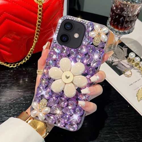 For iPhone 12 mini Sunflower Holder Hand-set Diamond PC Phone Case(Purple) for iphone 12 magic diamond blu ray magsafe phone case red purple gradient