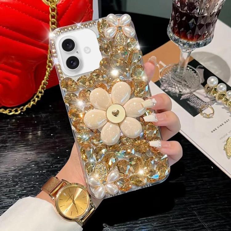 

For iPhone 16 Plus Sunflower Holder Hand-set Diamond PC Phone Case(Gold)