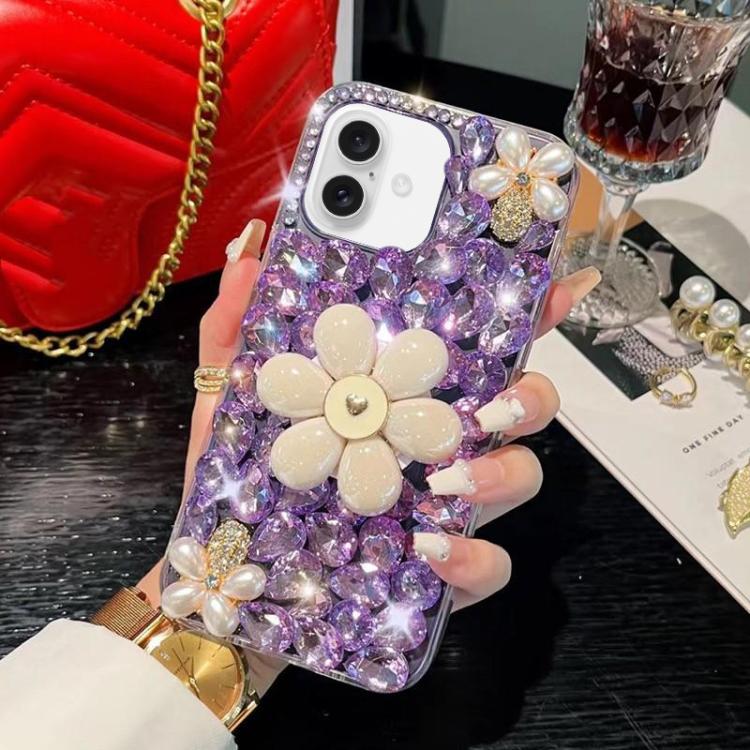 

For iPhone 16 Plus Sunflower Holder Hand-set Diamond PC Phone Case(Purple)