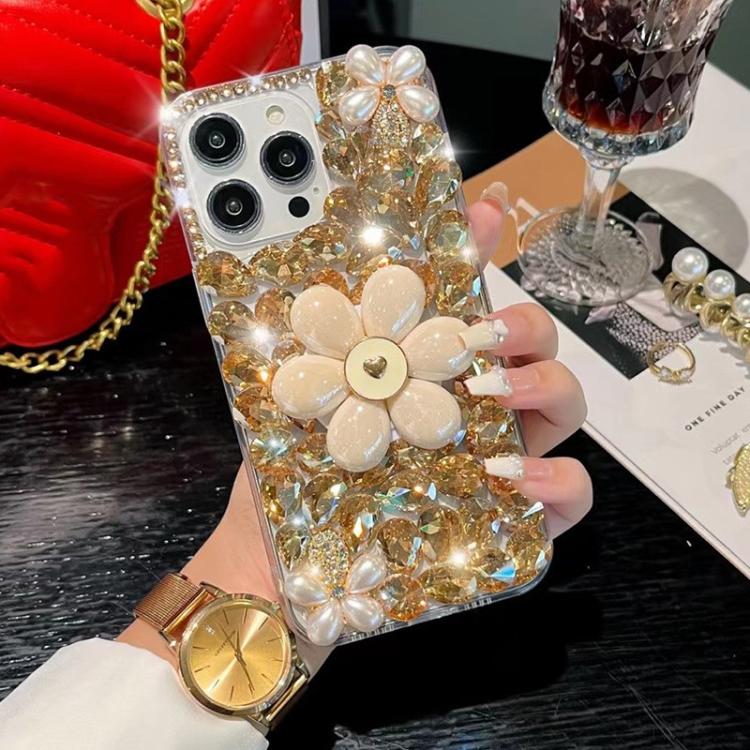 

For iPhone 16 Pro Sunflower Holder Hand-set Diamond PC Phone Case(Gold)