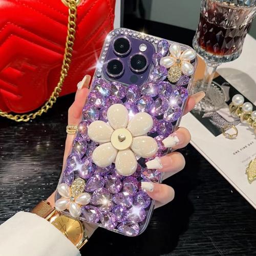 

For iPhone 16 Pro Sunflower Holder Hand-set Diamond PC Phone Case(Purple)