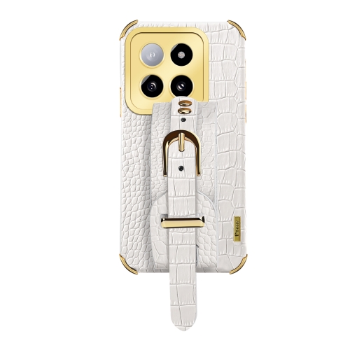 

For Xiaomi 14 Electroplated Wrist Strap Crocodile Leather Back Phone Case(White)