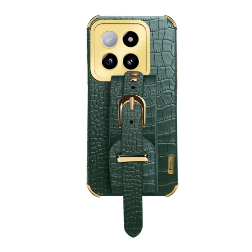 

For Xiaomi 14 Electroplated Wrist Strap Crocodile Leather Back Phone Case(Green)