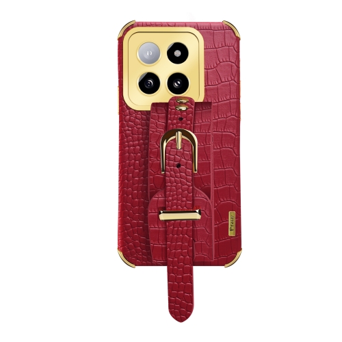 

For Xiaomi 14 Electroplated Wrist Strap Crocodile Leather Back Phone Case(Red)