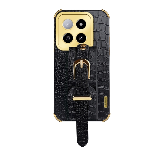 

For Xiaomi 14 Electroplated Wrist Strap Crocodile Leather Back Phone Case(Black)