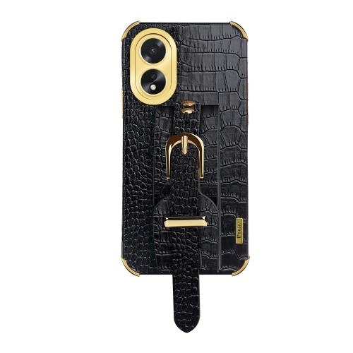 

For OPPO A38 Electroplated Wrist Strap Crocodile Leather Back Phone Case(Black)