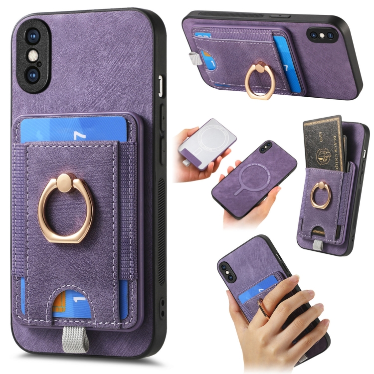 

For iPhone X / XS Retro Splitable Magnetic Card Bag Leather Phone Case(Purple)