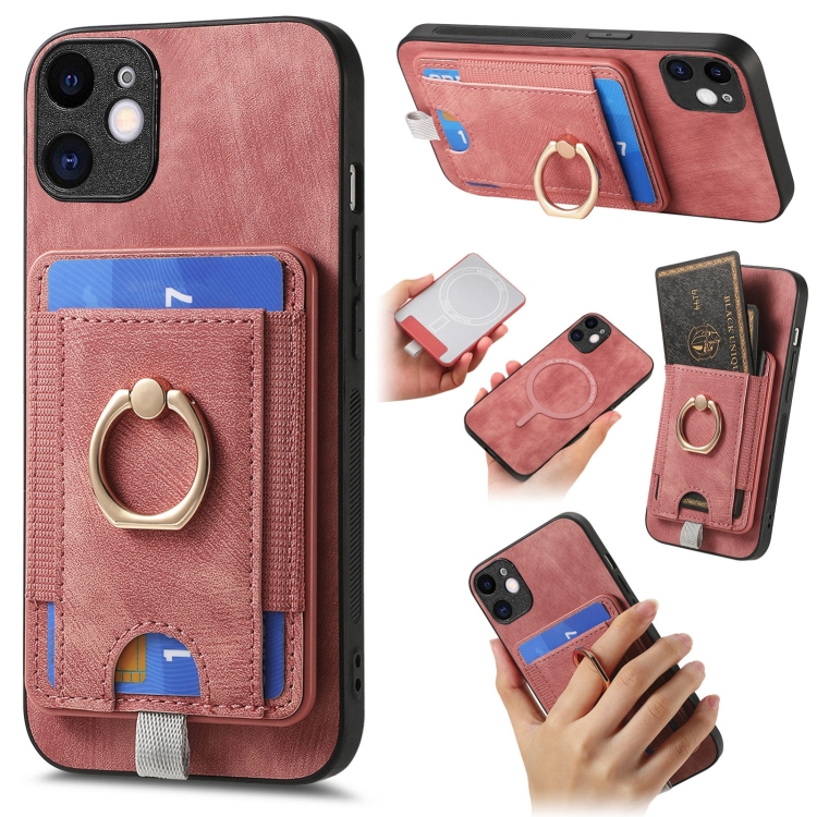 

For iPhone 12 Retro Splitable Magnetic Card Bag Leather Phone Case(Pink)