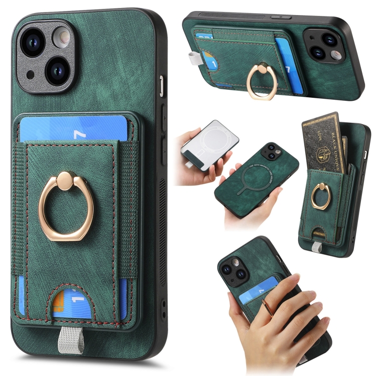 

For iPhone 14 Retro Splitable Magnetic Card Bag Leather Phone Case(Green)