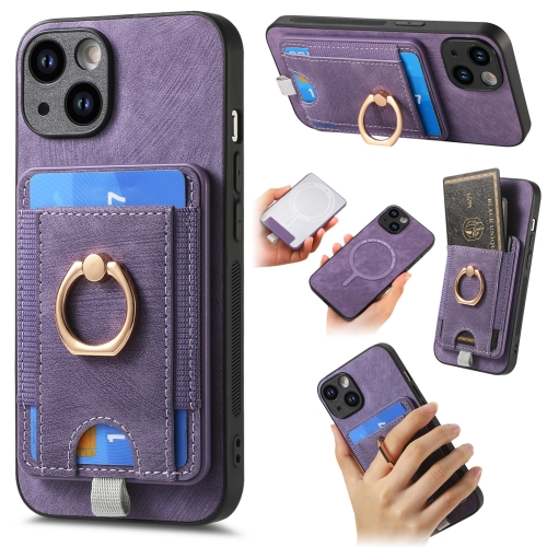 

For iPhone 14 Retro Splitable Magnetic Card Bag Leather Phone Case(Purple)