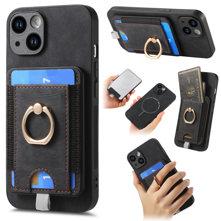 

For iPhone 15 Retro Splitable Magnetic Card Bag Leather Phone Case(Black)