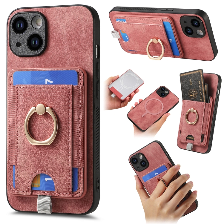

For iPhone 15 Plus Retro Splitable Magnetic Card Bag Leather Phone Case(Pink)