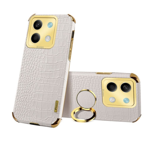 For Xiaomi Redmi Note 13 6D Electroplating Crocodile Texture Leather Back Phone Case with Holder(White)