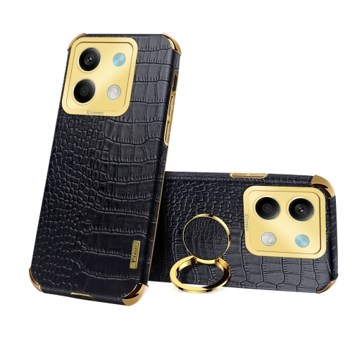 

For Xiaomi Redmi Note 13 6D Electroplating Crocodile Texture Leather Back Phone Case with Holder(Black)
