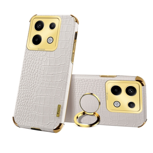 

For Xiaomi Redmi Note 13 Pro 6D Electroplating Crocodile Texture Leather Back Phone Case with Holder(White)