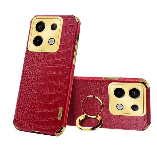 For Xiaomi Redmi Note 13 Pro 6D Electroplating Crocodile Texture Leather Back Phone Case with Holder(Red) for xiaomi redmi note 12 turbo texture gradient glass tpu phone case blue