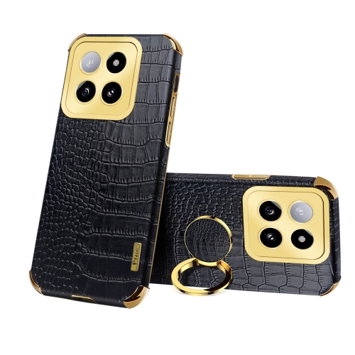 

For Xiaomi 14 6D Electroplating Crocodile Texture Leather Back Phone Case with Holder(Black)