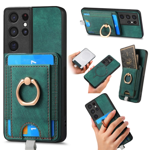

For Samsung Galaxy S21 Ultra 5G Retro Splitable Magnetic Card Bag Leather Phone Case(Green)