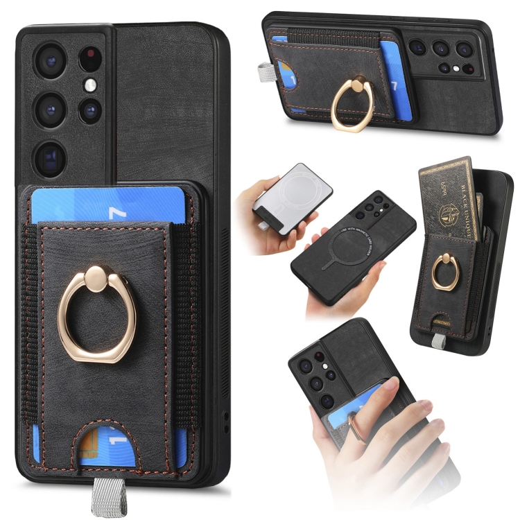 

For Samsung Galaxy S22 Ultra 5G Retro Splitable Magnetic Card Bag Leather Phone Case(Black)