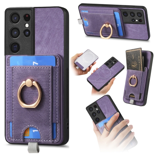 

For Samsung Galaxy S22 Ultra 5G Retro Splitable Magnetic Card Bag Leather Phone Case(Purple)